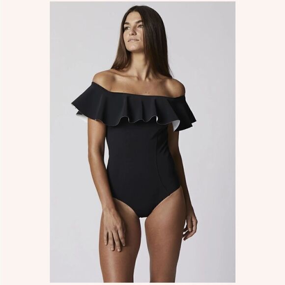 LISA MARIE FERNANDEZ the mira flounce maillot in black bonded bathing suit - Picture 1 of 14